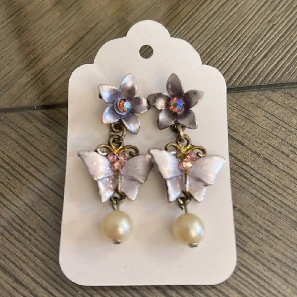 Vintage Pastel Floral and Butterfly Earrings, Dangle